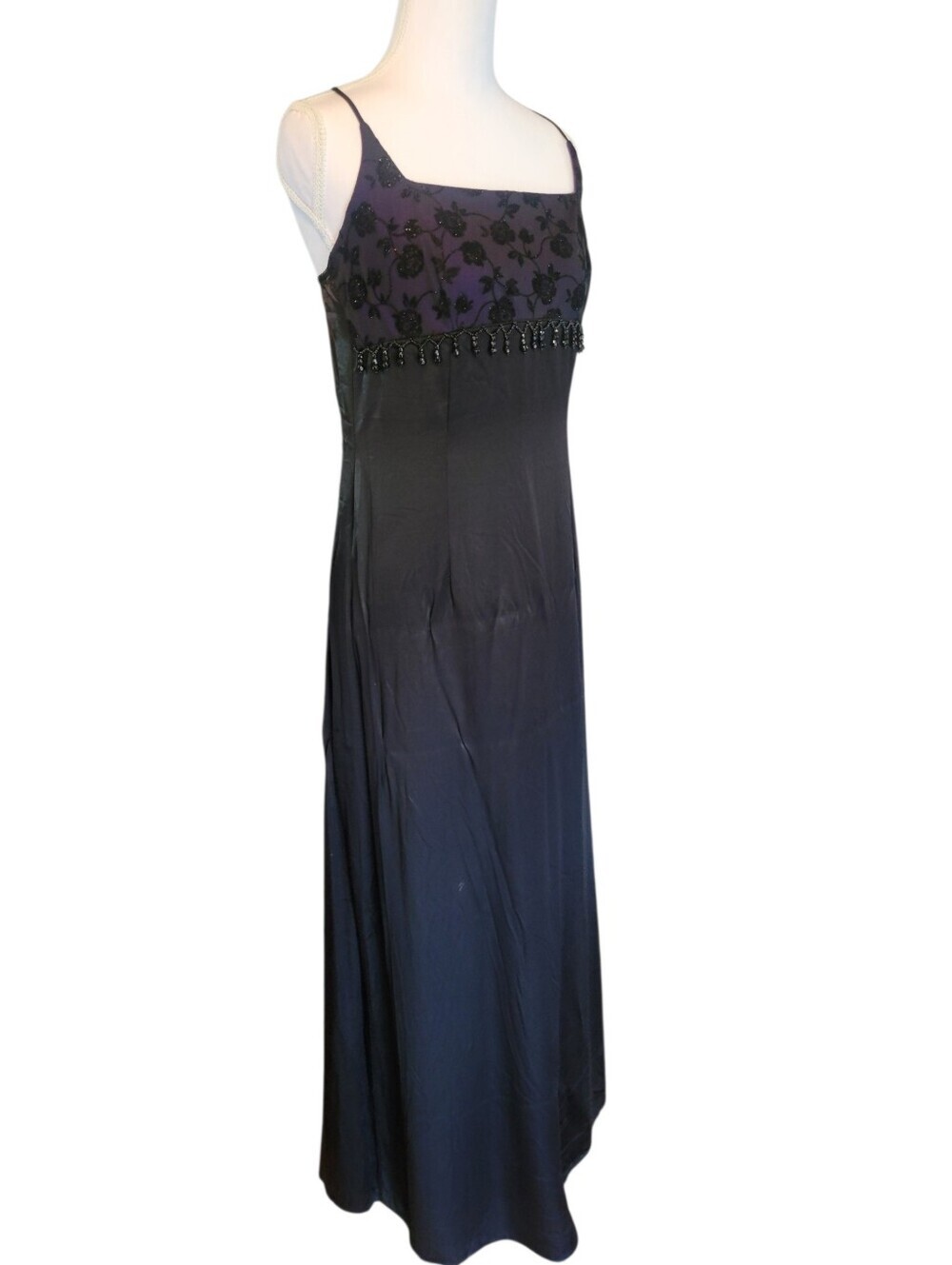 90s Hyphen Black Purple Floral Beaded Formal Floor Length Dress - Picture 3 of 8